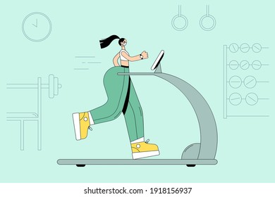 Trainings and sport during COVID-19 pandemic concept. Sportswoman in medical face mask training on treadmill in gym during coronavirus outbreak vector illustration