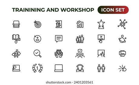 Icon-Set für Schulungen und Workshops. Enthält Teambuilding, Zusammenarbeit, Teamwork.Umfassende Icon-Sammlung.
