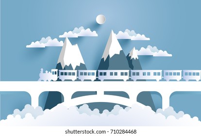 trains and beautiful scenery with the design of paper and craft art. vector illustration beautiful scenery above the clouds
