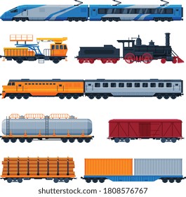 Trains Collection, Side View of Passenger and Cargo Wagons, Railroad Transportation Flat Vector Illustration on White Background