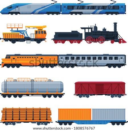 Trains Collection, Side View of Passenger and Cargo Wagons, Railroad Transportation Flat Vector Illustration on White Background