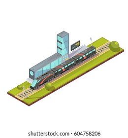 Trains composition of isometric railway passenger train and light rail images with railroad station terminal building vector illustration