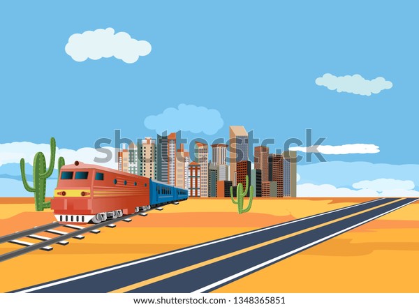 trains in\
the desert, city buildings in horizon\
vector