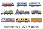 Trains elements set design. Collection with modern and vintage transport, locomotives, freight cars and passenger trains, subway wagons, rail transport vehicles and carriages. Vector illustration.