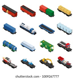 Trains isometric set of freight trains consisting of locomotives, platforms for transportation of containers, covered wagons, cisterns, and rail cars for bulk cargoes on white background.