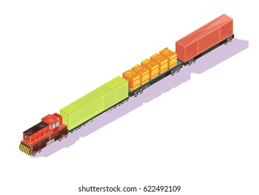 Trains Isometric Set Of Freight Train With Goods And Cattle Cars On Blank Background With Shadows Vector Illustration