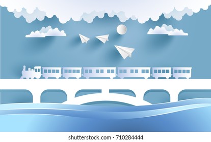 trains and planes as well as beautiful scenery with the design of paper and craft art. vector illustration beautiful scenery over the sea