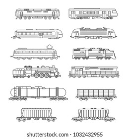 Trains and railcars line icons set