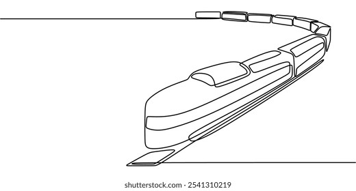Comboios e trilhos ferroviários. Desenho contínuo de uma linha que representa o setor dos transportes.