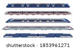 Trains, railway wagons, metro rail and subway transport locomotives, vector flat isolated icons. Passenger travel trains, modern intercity express and fast speed bullet train, MRT urban city transport