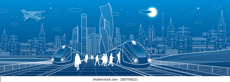 Trains ride on railroad. Passengers at station. Transport panorama. Urban infrastructure, modern city on background, industrial architecture. White lines, town scene, vector design art