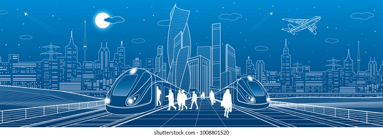 Trains ride on railroad. Passengers at station. Transport panorama. Urban infrastructure, modern city on background, industrial architecture. White lines, town scene, vector design art