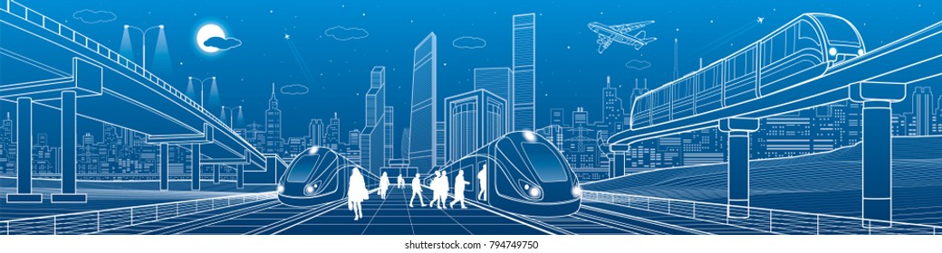 Trains ride on railroad. Passengers at station. Transport overpass. Monorail move. Urban infrastructure, modern city on background, industrial architecture. White lines, town scene, vector design art