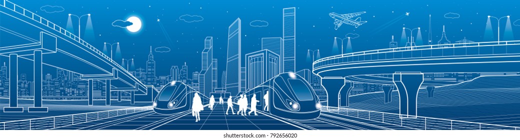 Trains riding on railroad. Passengers at station. Transport overpass. Urban infrastructure, modern city on background, industrial architecture. White lines illustration, town scene, vector design art