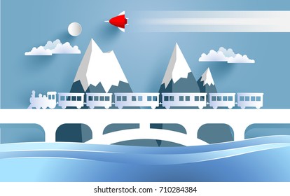 trains and rocket as well as beautiful scenery with the design of paper and craft art. vector illustration beautiful scenery over the sea
