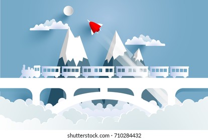 trains and rocket as well as beautiful scenery with the design of paper and craft art. vector illustration beautiful scenery above the clouds