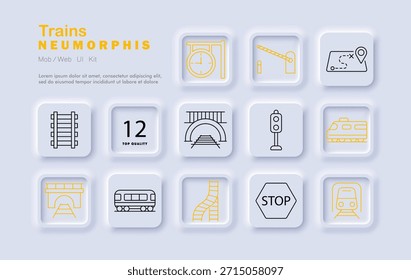 Icono de conjunto de trenes. El paquete de iconos muestra el tren, el túnel, las Pistas, el mapa, la señal de parada, el semáforo, la barrera, el ferrocarril, la locomotora, el vagón, el puente del ferrocarril y los símbolos de transporte.