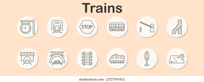 Symbol für Zuggarnitur Bahnhofsuhr, Vorderzug, Stoppschild, Wagen, Absperrung, Gleiskurve, Tunnel, Schienen, Brücke, Seitenzug, Signal, Fahrplan linear dargestellt.