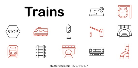 Symbol für Zuggarnitur Zug, Tunnel, Schienen, Stoppschild, Signal, Kreuzung, Uhr, U-Bahn, Plattform, Überführung, Bahnhof, Verkehr, Lokomotive, Karte, Route, Fahrt, Eisenbahnstruktur