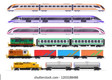 Trains set. Passenger and freight train with wagons. Vector railway transportation isolated on white background. Railway transport passenge and cargo freight, electricity type illustration