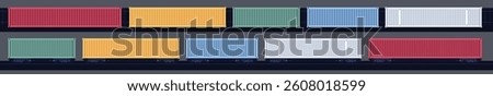 Trains set top and side view. View from above. Freight train. Locomotive with wagons on the railroad. Railway station. Vector illustration. Realistic design. Cartoon flat style.