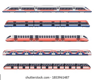 Trains, subways and metro railway transport wagons, vector urban city transport. Metro subway, intercity railway carriage, underground MRT or LRT coaches, public transport train locomotives side icons