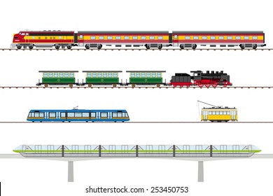 Trains and Trams Vector symbol Collection. Historic and contemporary railway transportation illustration.