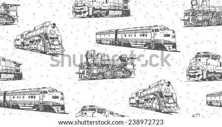 Trains vector drawings seamless pattern