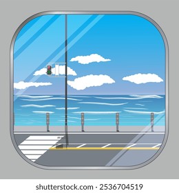 Die Fenster der Züge mit Blick auf die Autobahn am Meer. Asphaltstraße mit Markierungen entlang der Küste bunt blaue Wellen und aufsteigende Vektor mit Wolken.und Flamme
