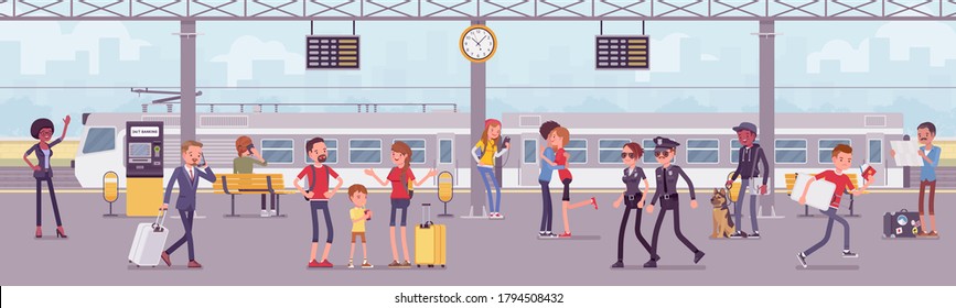 Línea ferroviaria de tren con trenes y pasajeros. Plataforma de área y servicios de trenes, personas que llegan, esperando el embarque, turistas en viaje. Ilustración de dibujos animados de estilo plano