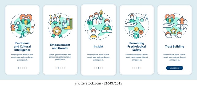 Traits of inclusive leaders onboarding mobile app screen. Walkthrough 5 steps editable graphic instructions with linear concepts. UI, UX, GUI template. Myriad Pro-Bold, Regular fonts used