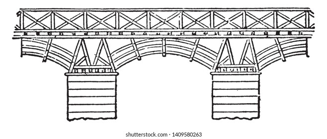 Trajan Bridge was a Roman segmental arch bridge the first bridge to be built over the lower Danube, vintage line drawing or engraving illustration.