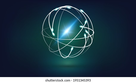 Trajectory of atomic sphere on blue background, abstract vector technology and business background.