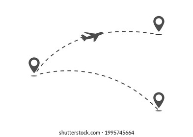 trajectory of the flight routes of the aircraft. The plane flies from one point to another. The line of movement of the aircraft. Simple Style