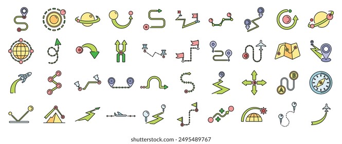 Los iconos de trayectoria definen el Vector de contorno. Brújula de carretera. Tierra gps línea delgada color plana en blanco