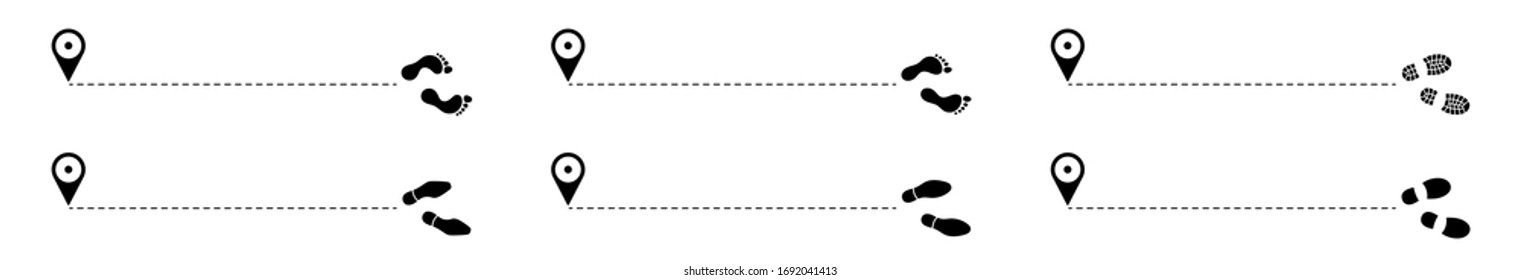 Trajectory of movement. The direction of movement of human tracks in a dashed line from a given starting waypoint. Travel and tourism. Isolated over white background. Vector