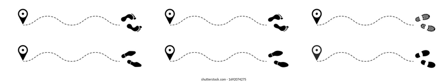 Trajectory of movement. The direction of movement of human tracks in a dashed line from a given starting waypoint. Travel and tourism. Isolated over white background. Vector