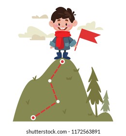Trajectory to the top of the mountain. At the top, the winner holds a red flag. Children's competition. The concept of success. Vector illustration in a cartoon style.