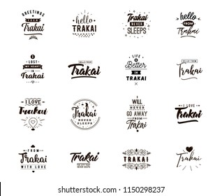 Trakai. Greeting cards, vector design. Isolated logos. Typography set.