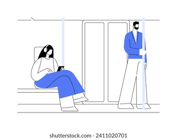 In a tram abstract concept vector illustration. Smiling woman with smartphone listening to music in headphone in a tram, urban transportation passengers, public transport abstract metaphor.