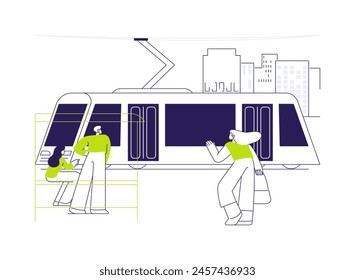 Tram abstract concept vector illustration. Group of diverse people waiting for electric tram, ecology environment, sustainable urban transport, railborne EVs, public vehicle abstract metaphor.