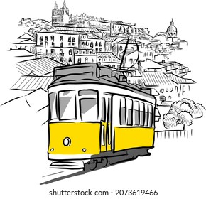 tranvía y vistas antiguas. bocetos de vector dibujados a mano de Lisboa, Portugal.