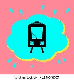 Tram. Black icon in a bubble on a pink background. Vector