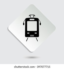 Tram - black vector icon  on a paper button