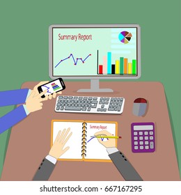 tram business man’s job. Working  with laptop in open space office. Meeting report in progress – vector image concept business people 