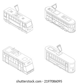 Juego de iconos del tranvía. Conjunto isométrico de iconos vectoriales del tranvía delinear la línea delgada aislada en blanco