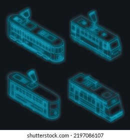 Straßenbahnsymbol. Isometrische Reihe von Straßenbahn-Vektorsymbole neonfarben auf Schwarz