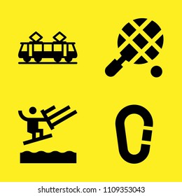 tram, carabiner, tennis and water ski vector icon set. Sample icons set for web and graphic design