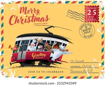 tram with characters christmas santa claus bear elf penguin snowman reindeer  gingerbread