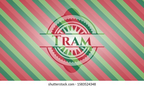 Tram christmas style badge. Vector Illustration. Detailed.